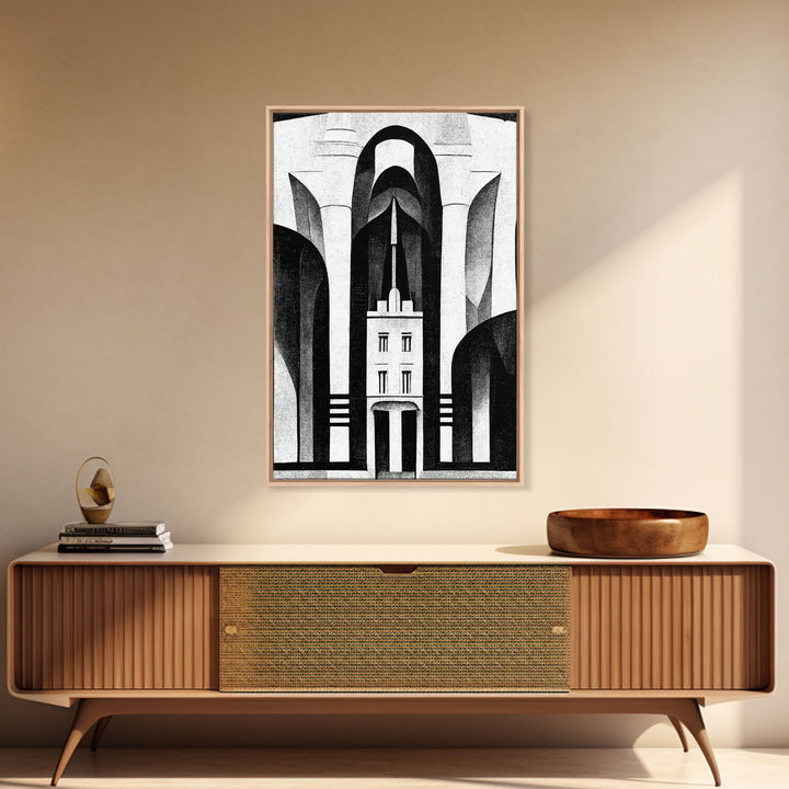 Art Deco Black And White Art Print, Art Deco Architecture, Framed Canvas Print, Ready To Hang Framed Wall Art, Living Room Wall Hanging