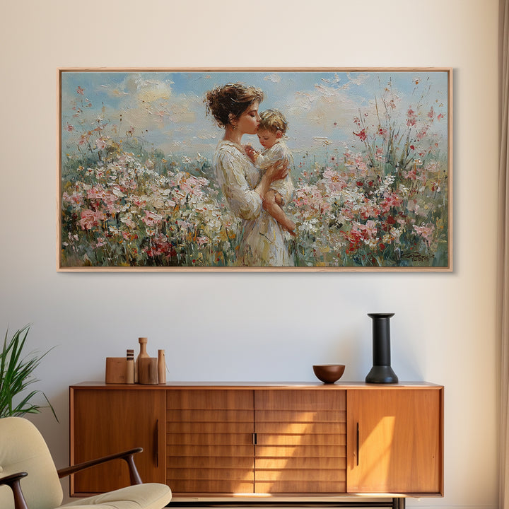 Mother Holding Baby In Sunlit Flower Field Wall Art, Impressionist Floral Canvas Print, Nursery Decor, Gift For Mom, Living Room Decor