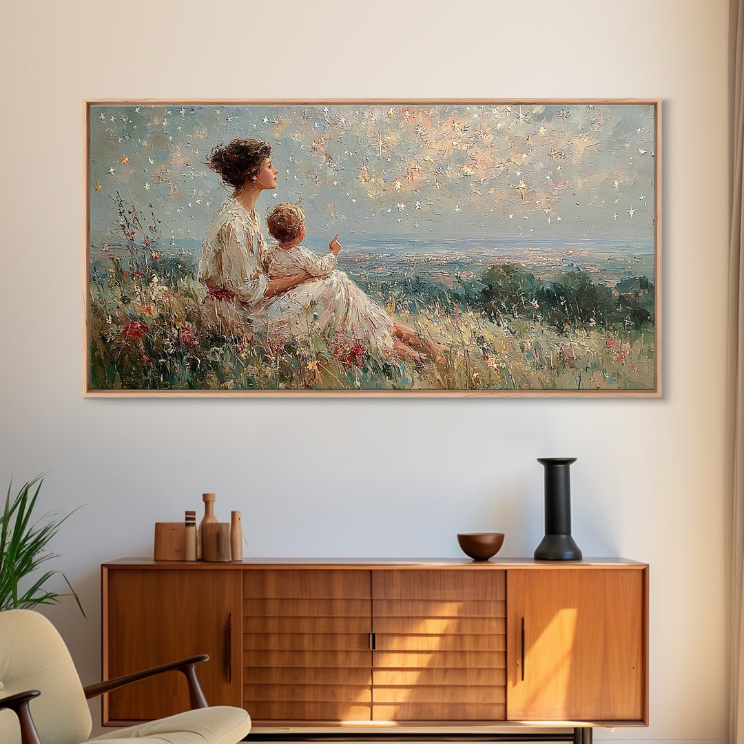 Mother And Child Watching Ocean Sunset Framed Canvas Print, Coastal Wildflower Wall Art, Calming Bedroom Decor Gift For Her