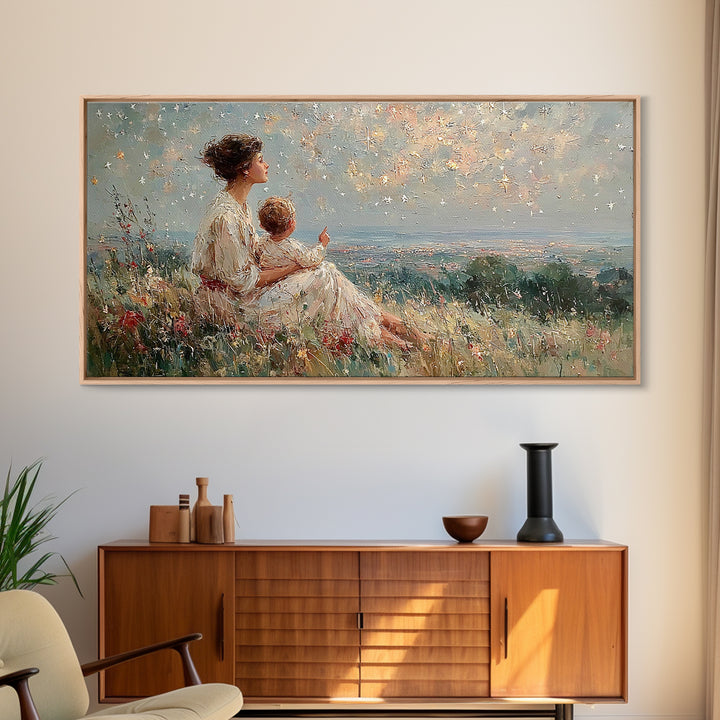 Mother And Child Watching Ocean Sunset Framed Canvas Print, Coastal Wildflower Wall Art, Calming Bedroom Decor Gift For Her