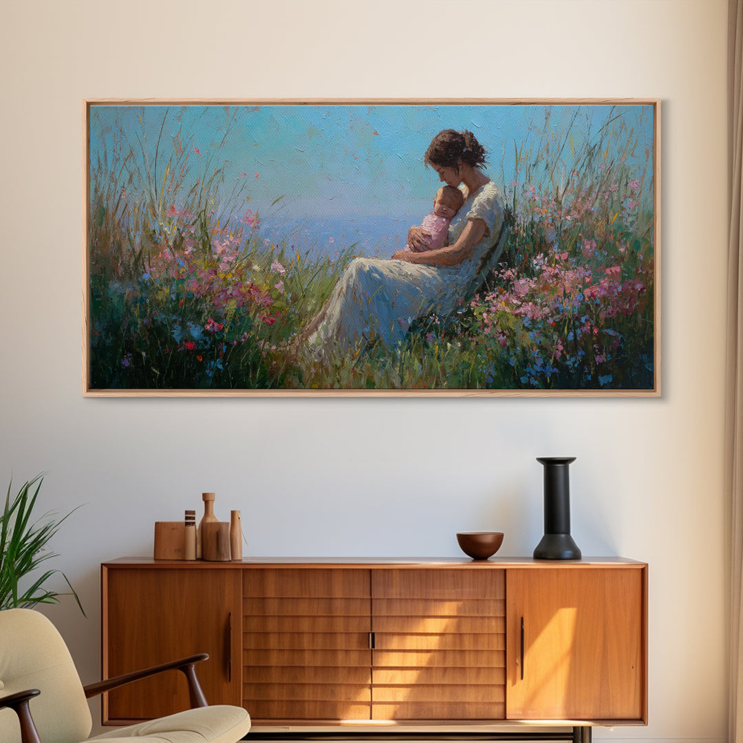Mother Nursing Baby In Blue Meadow Canvas Print, Wildflower Wall Art, Peaceful Nursery Decor, Gift For New Mom, Boho Home Decor