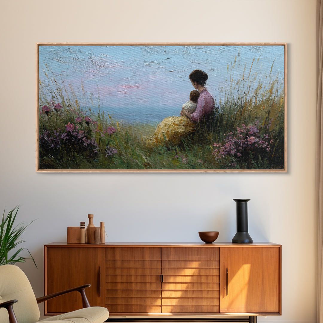 Mother And Child Beside Quiet Lake Wall Art, Impressionist Meadow Framed Canvas Print, Calming Nursery Decor Gift For Her