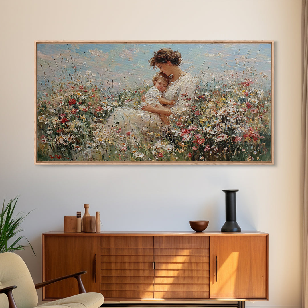 Mother And Baby Embraced Among Daisies Wall Art, Impressionist Floral Canvas Print, Nursery Wall Decor, Gift For Her, Motherhood Gift