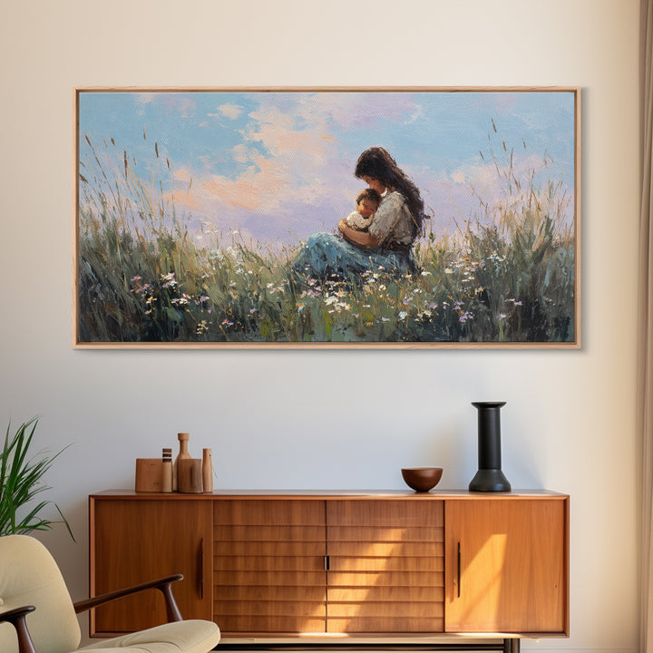 Mother Holding Baby At Sunset Meadow Canvas Print, Boho Wildflower Wall Art, Nursery Decor, Gift For New Mom, Bedroom Decor