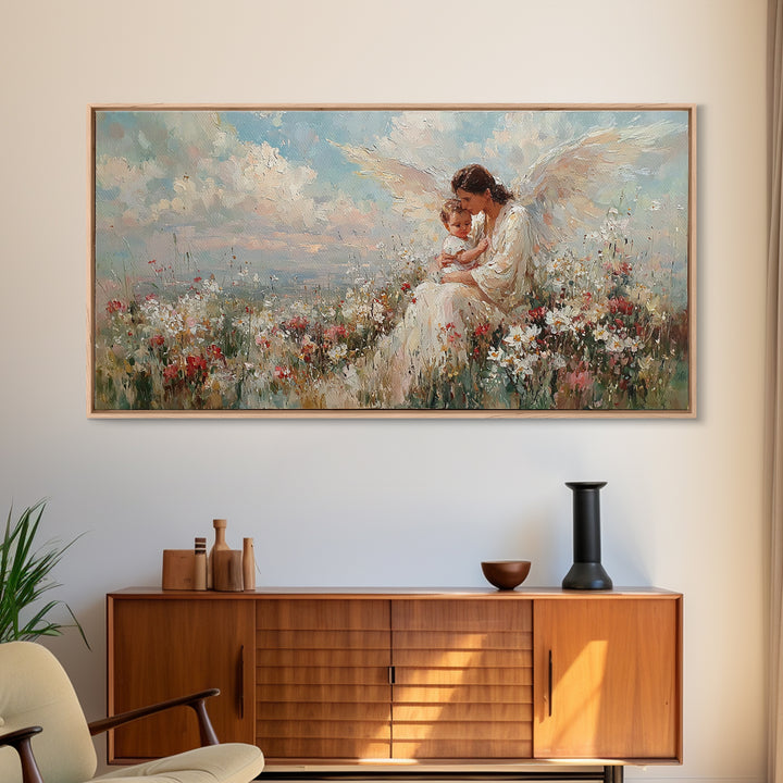 Guardian Angel Mother With Child In Flowers Framed Canvas Print, Heavenly Wall Art, Spiritual Nursery Decor, Gift For Her