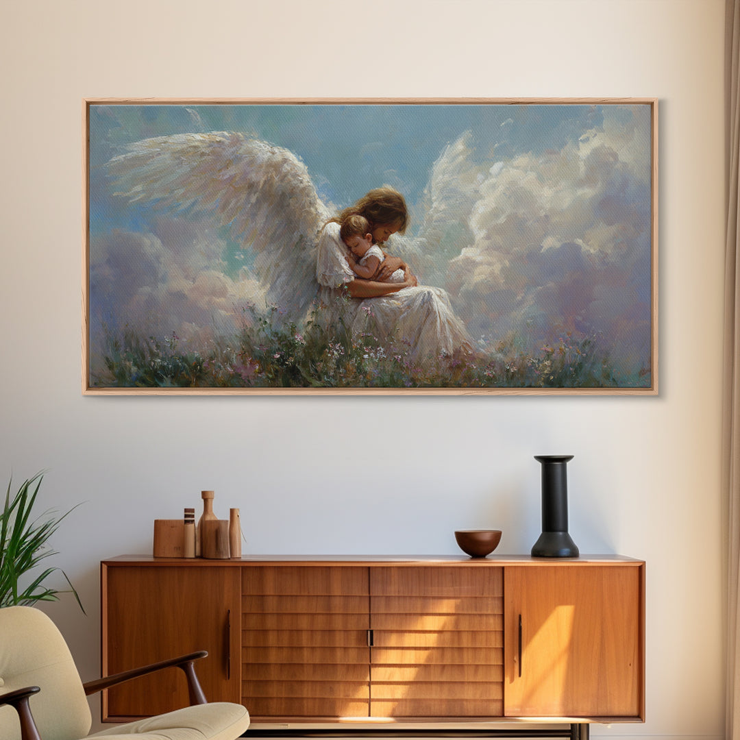Guardian Angel Embracing Child In Clouds Wall Art, Heavenly Framed Canvas Print, Christian Nursery Decor, Sympathy Gift For Her
