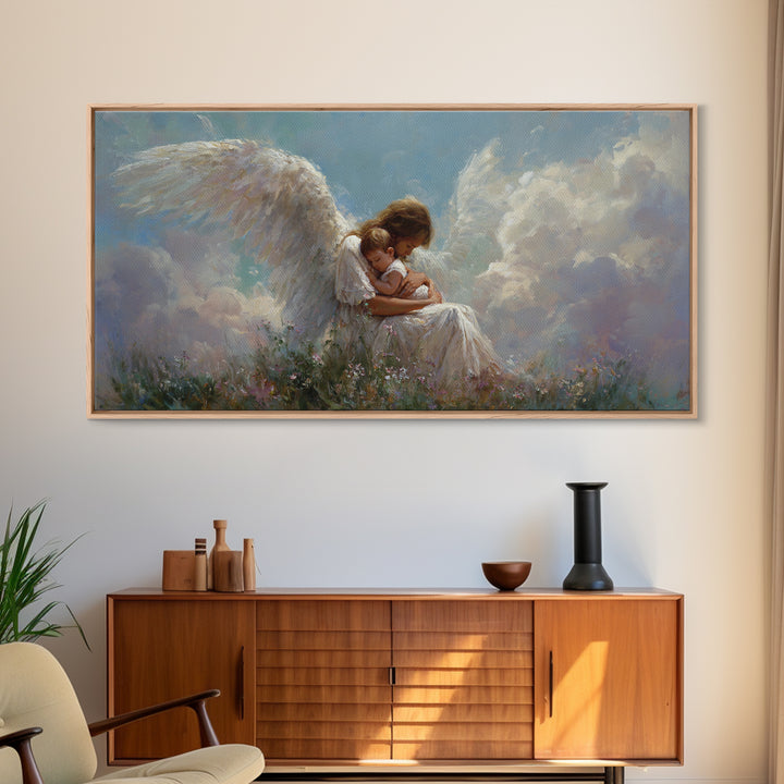 Guardian Angel Embracing Child In Clouds Wall Art, Heavenly Framed Canvas Print, Christian Nursery Decor, Sympathy Gift For Her