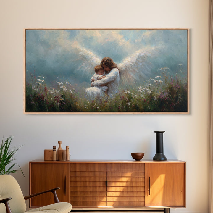Guardian Angel Embracing Baby In Wildflower Meadow Framed Canvas Print, Christian Nursery Wall Art, Gift For Mom, Spiritual Home Decor