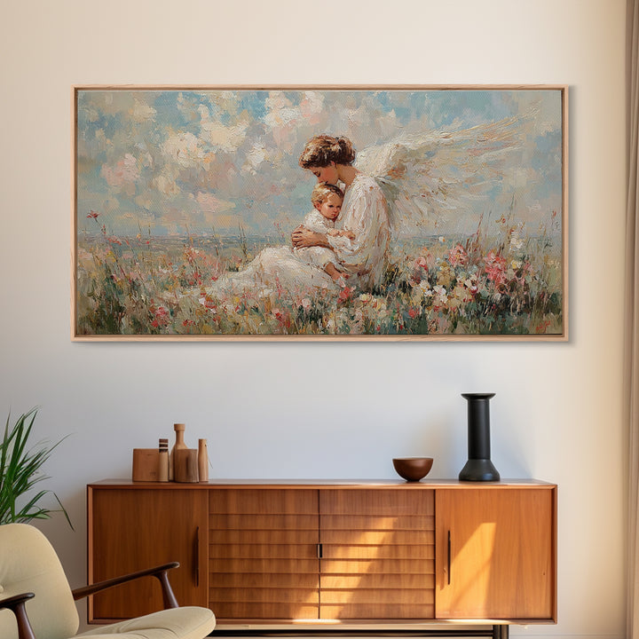 Seated Guardian Angel With Infant In Pastel Wildflowers Canvas Print, Christian Wall Art, Nursery Decor, Baby Shower Gift