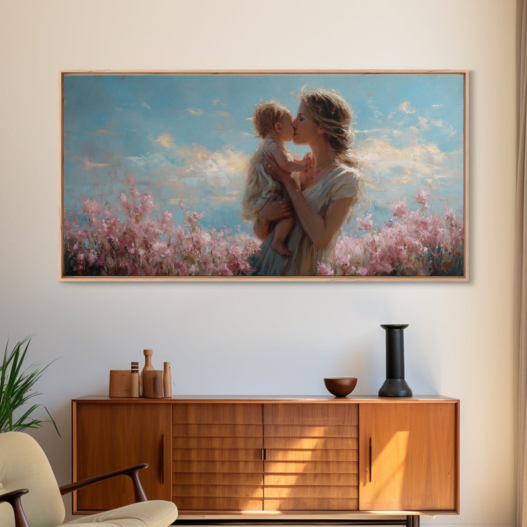 Tender Mother Kissing Child Among Pink Blossoms Wall Art, Feminine Nursery Decor, Mothers Day Gift, Living Room Art, Home Decor