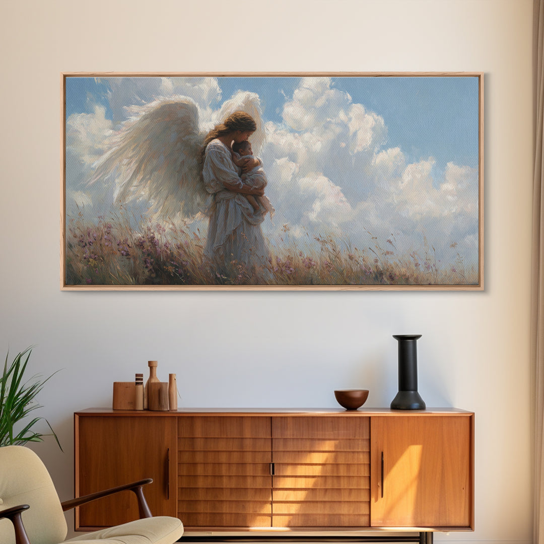 Angel Mother Cradling Baby Beneath Bright Clouds Framed Canvas Print, Christian Wall Art, Nursery Decor, Spiritual Gift For Her