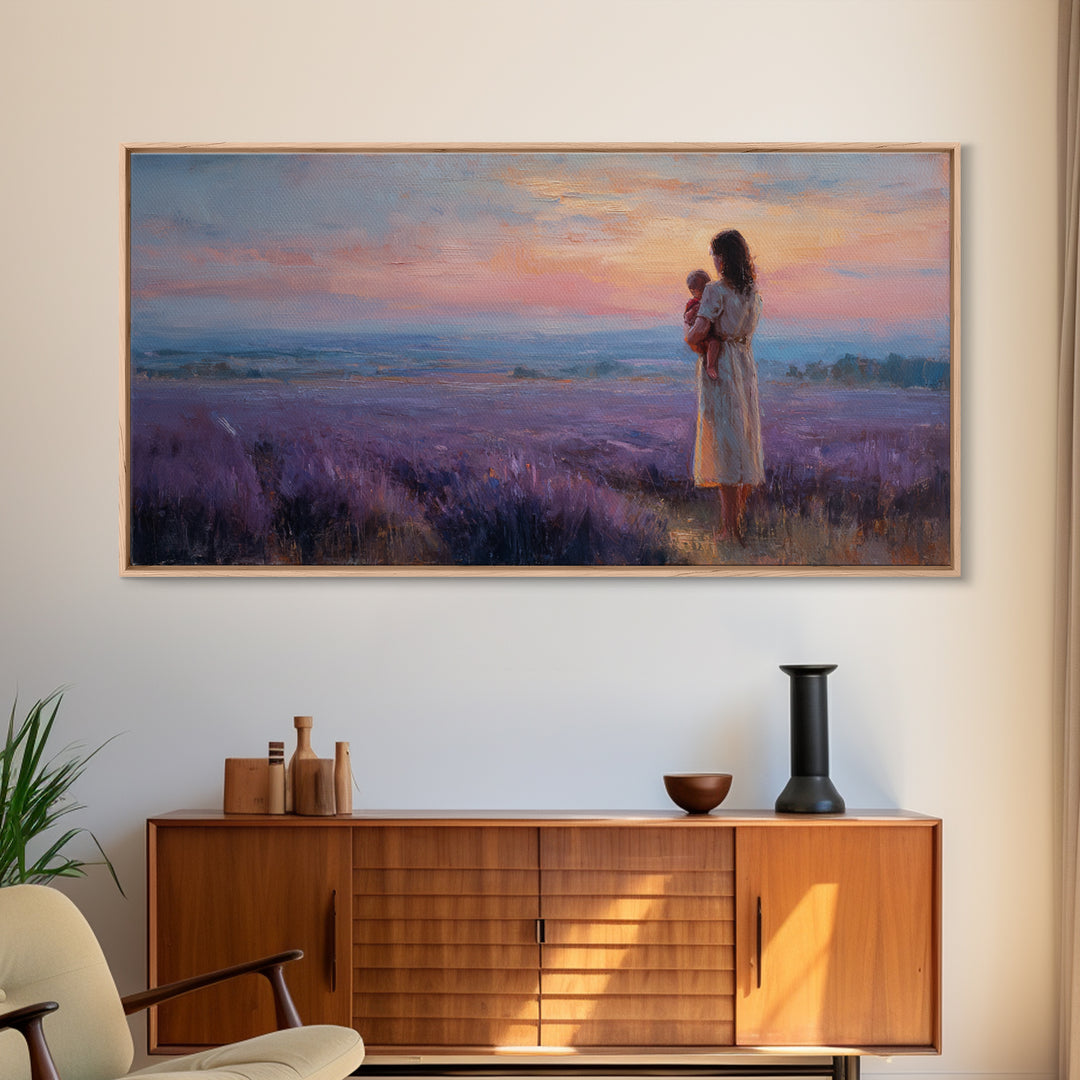 Mother Holding Baby At Lavender Field Sunset Canvas Print, Purple Landscape Wall Art, Mothers Day Gift, Bedroom Decor, Home Decor