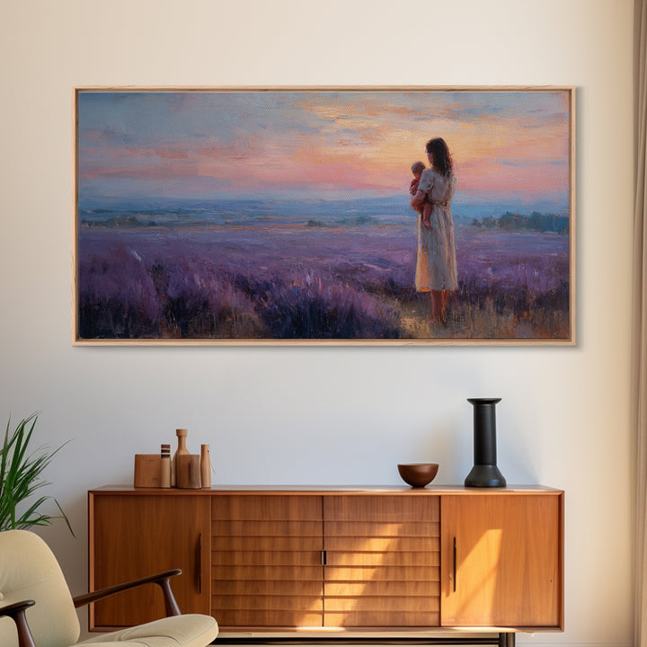 Mother Holding Baby At Lavender Field Sunset Canvas Print, Purple Landscape Wall Art, Mothers Day Gift, Bedroom Decor, Home Decor