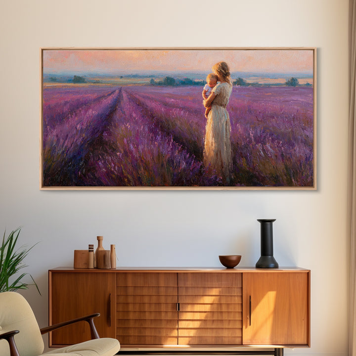 Mother And Baby In Lavender Rows At Golden Sunset Framed Canvas Print, Provence Landscape Wall Art, Gift For Mom, Home Decor
