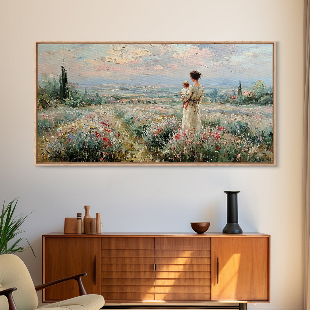 Mother With Baby Over Tuscan Wildflower Valley Canvas Print, Italian Countryside Wall Art, Mothers Day Gift, Living Room Decor
