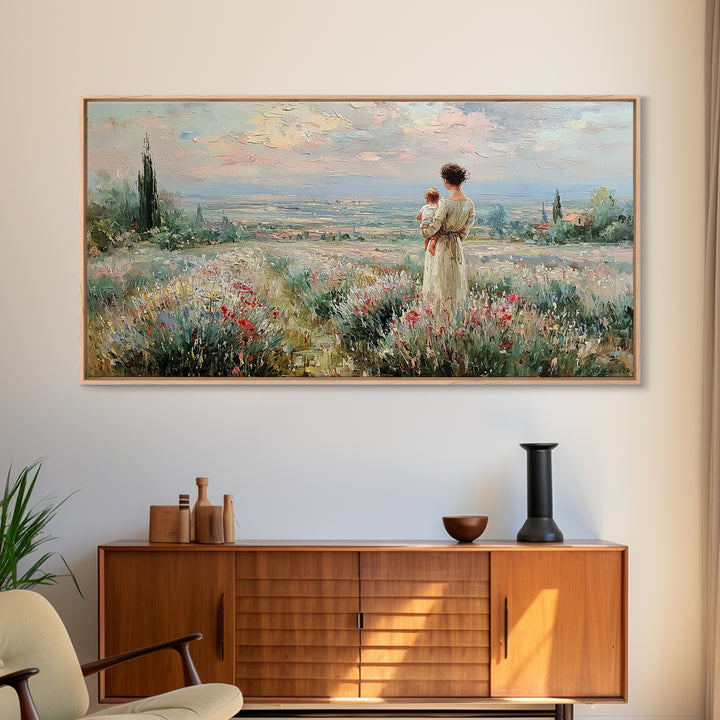 Mother With Baby Over Tuscan Wildflower Valley Canvas Print, Italian Countryside Wall Art, Mothers Day Gift, Living Room Decor