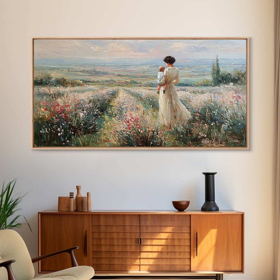 Mother Holding Baby Beside Tuscan Garden Path Wall Art, Italian Landscape Print, Framed Canvas Print, Housewarming Gift, Home Decor