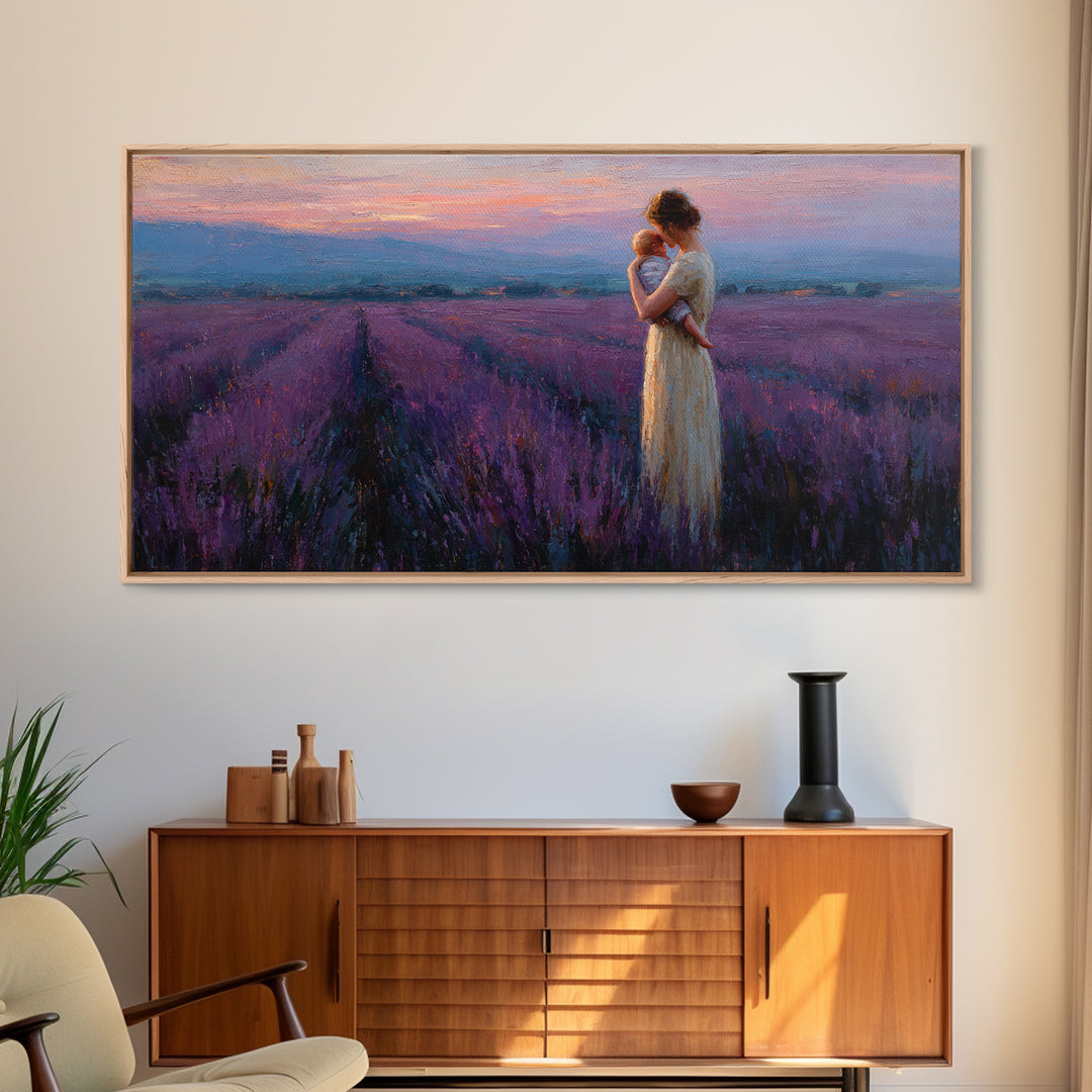Mother And Baby In Lavender Field At Rose Dusk Canvas Print, Purple Landscape Wall Art, Mothers Day Gift, Romantic Home Decor