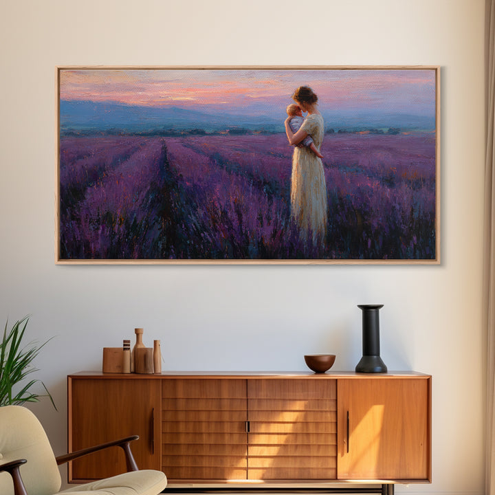 Mother And Baby In Lavender Field At Rose Dusk Canvas Print, Purple Landscape Wall Art, Mothers Day Gift, Romantic Home Decor