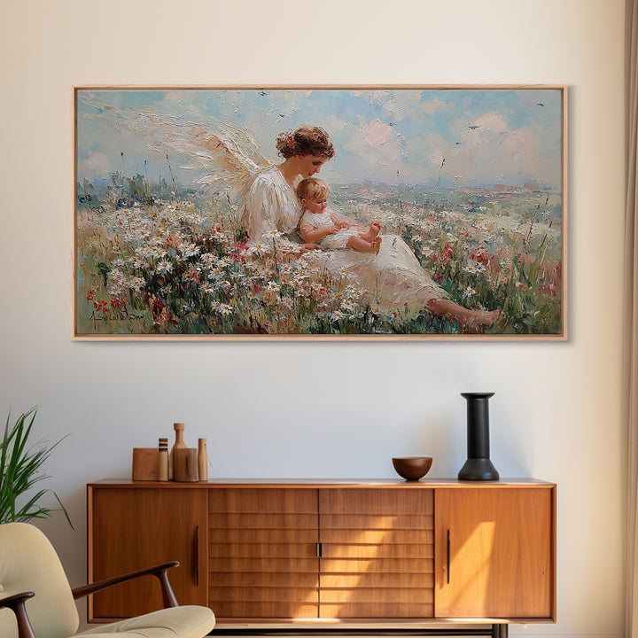 Seated Angel Holding Baby In Daisy Wildflower Meadow Framed Canvas Print, Christian Nursery Wall Art, Spiritual Home Decor