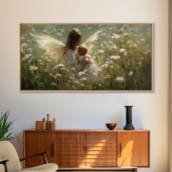 Guardian Angel Mother And Baby In Daisy Meadow Wall Art, Christian Nursery Decor, Spiritual Gift, Feminine Bedroom Decor