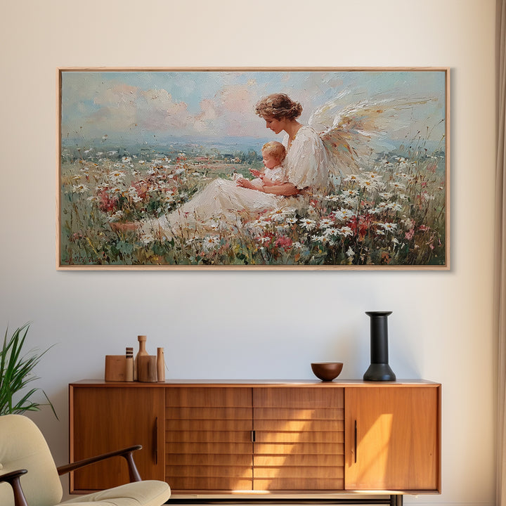 Angel Mother And Baby Over Wildflower Hills Canvas Print, Christian Wall Art, Nursery Decor, Housewarming Gift For Her, Living Room Decor