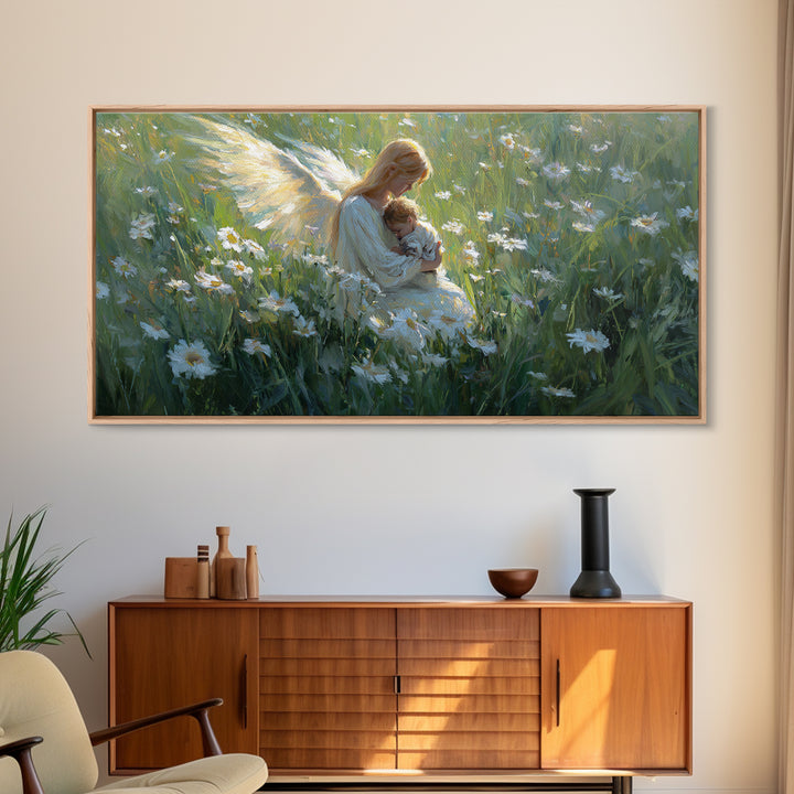 Golden Winged Mother And Sleeping Child In Daisy Field Framed Canvas Print, Christian Nursery Wall Art, Calming Bedroom Decor