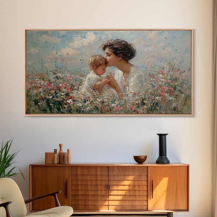 Mother Kissing Baby Among Wildflowers Wall Art, Impressionist Christian Art Print, Nursery Decor, Gift For Mom, Living Room Wall Art