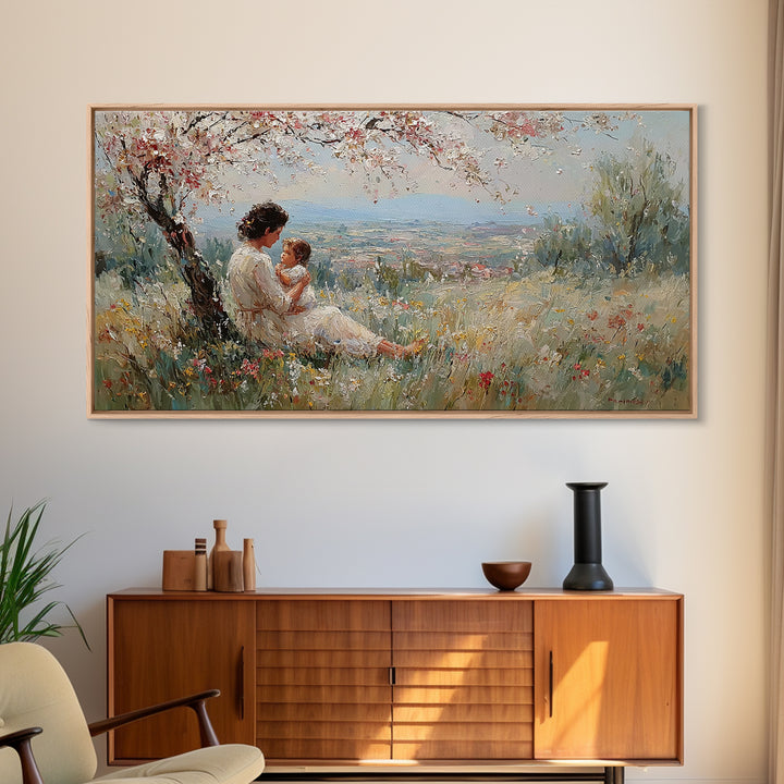 Mother And Child In Blooming Hillside Meadow Canvas Print, Spring Wall Art, Feminine Nursery Decor, Housewarming Gift, Living Room Decor