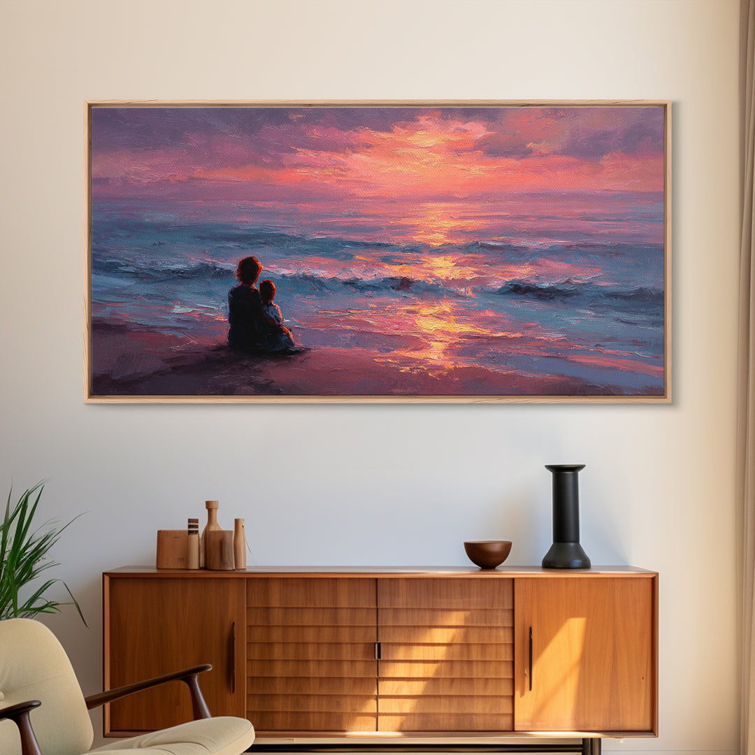 Mother And Child Watching Ocean Sunset Wall Art, Coastal Beach Canvas Print, Gift For Mom, Nursery Decor, Bedroom Wall Decor