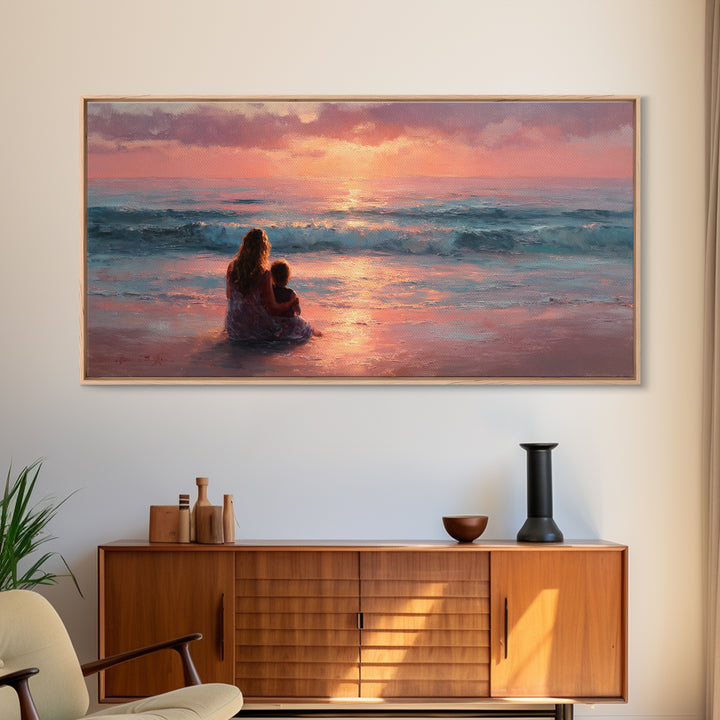 Mother And Child By Pink Ocean Sunset Wall Art, Coastal Seascape Canvas Print, Gift For Mom, Nursery Decor, Living Room Art