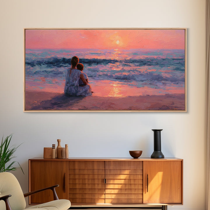 Mother Holding Baby At Rose Ocean Sunset Wall Art, Coastal Canvas Print, Nursery Decor, Gift For Mom, Romantic Bedroom Art