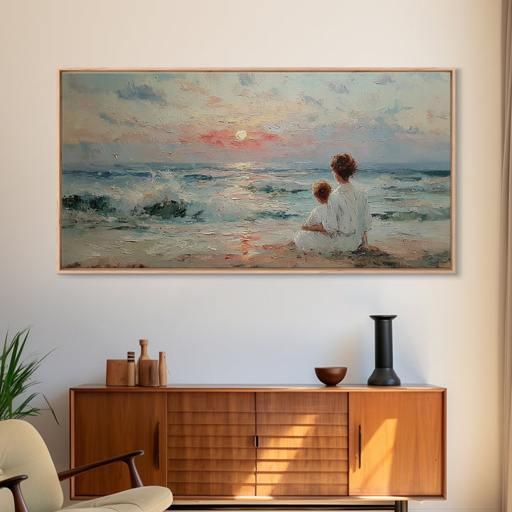 Mother And Child Seaside Sunrise Framed Canvas Print, Pastel Coastal Wall Art, Nursery Decor, Gift For Mom, Beach House Decor