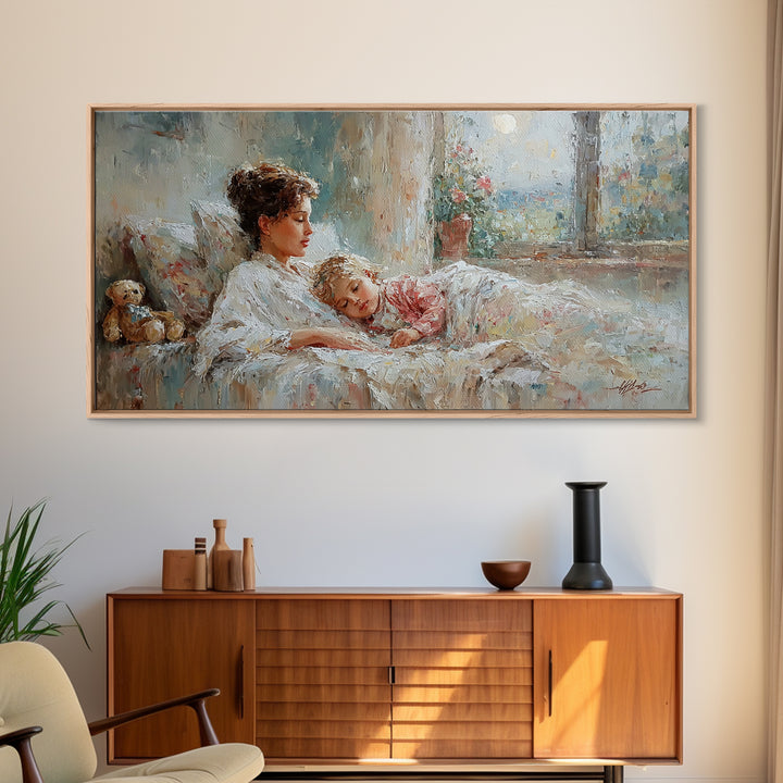 Mother And Child Morning Bedtime Wall Art, Impressionist Canvas Print, Nursery Decor, Gift For Mom, Cozy Bedroom Wall Decor