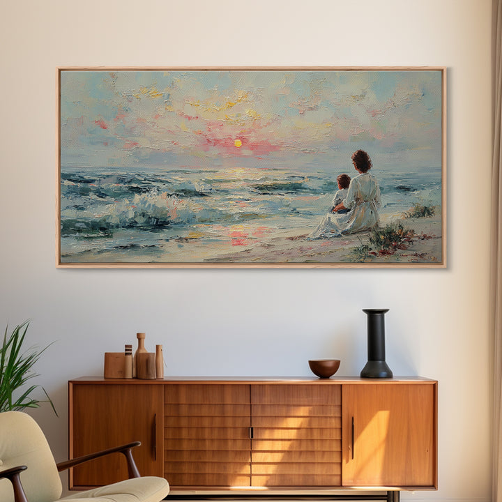 Mother And Child Watching Pastel Sea Sunset Wall Art, Coastal Framed Canvas Print, Nursery Decor, Gift For Mom, Beach Decor