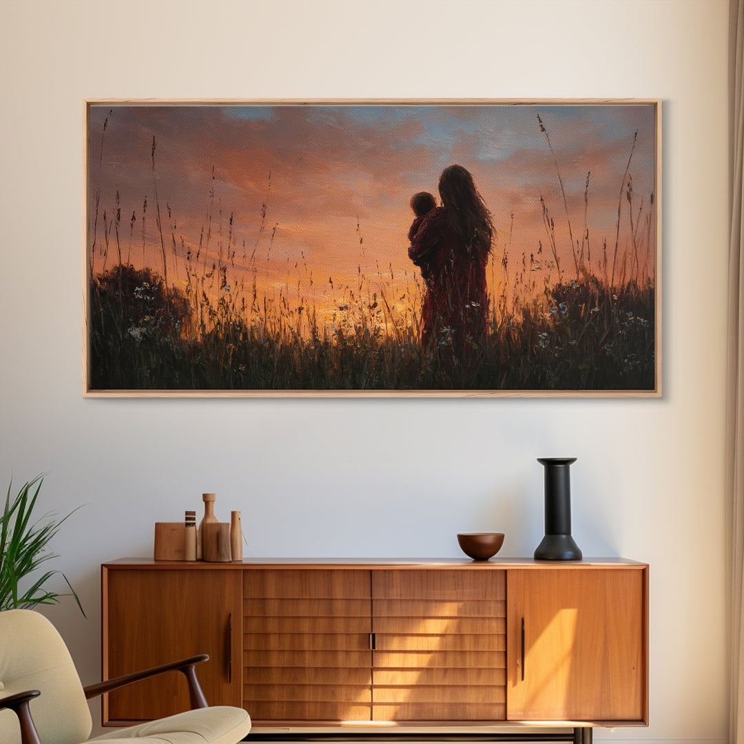Mother And Baby Silhouette At Golden Sunset Wall Art, Rustic Landscape Canvas Print, Nursery Decor, Gift For Mom, Moody Wall Art