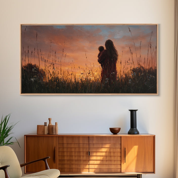 Mother And Baby Silhouette At Golden Sunset Wall Art, Rustic Landscape Canvas Print, Nursery Decor, Gift For Mom, Moody Wall Art