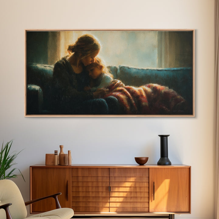 Mother Cuddling Child By Window Wall Art, Moody Bedroom Canvas Print, Nursery Decor, Gift For Mom, Cozy Home Decor, Fine Art