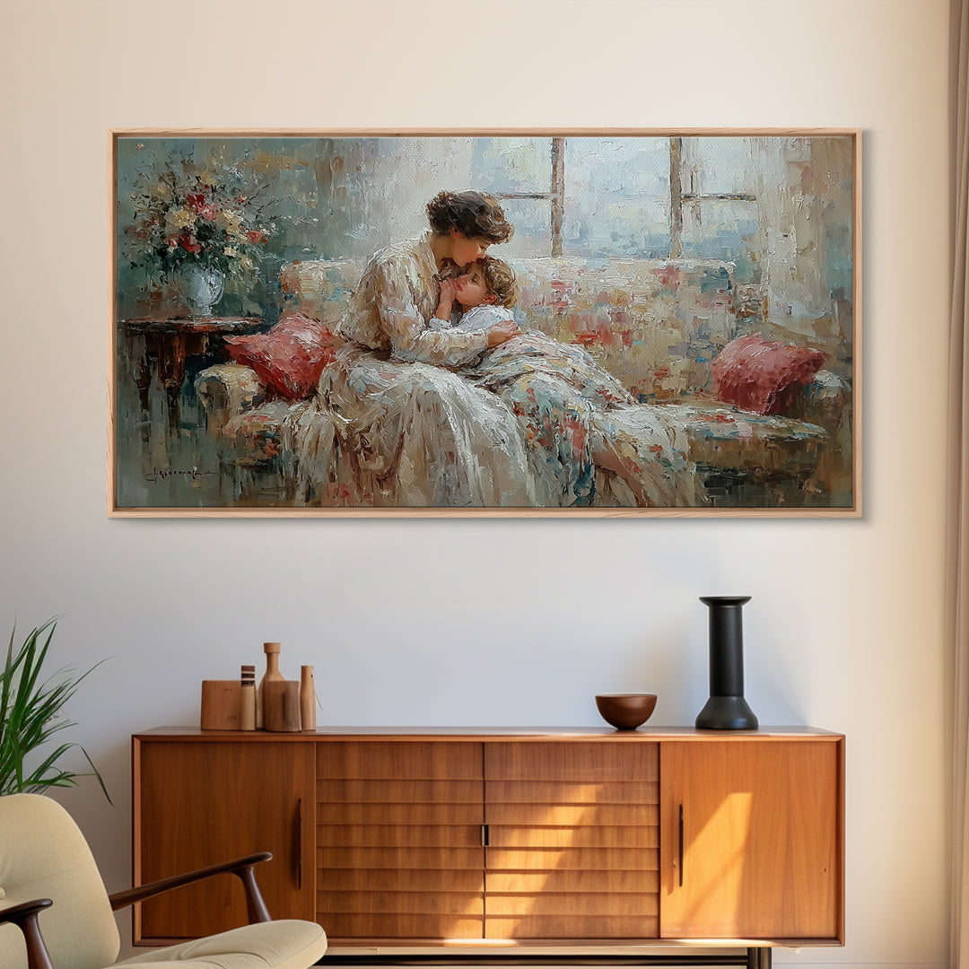 Mother And Baby Morning Embrace Wall Art, Impressionist Nursery Decor, Cozy Bedroom Print, Gift For Mom, Framed Fine Art