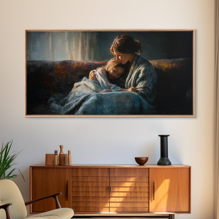 Mother And Sleeping Child Canvas Print, Moody Impressionist Wall Decor, Cozy Bedroom Art, Gift For Her, Warm Home Decor Print