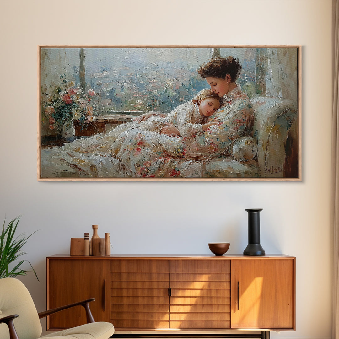 Tender Mother And Child Framed Canvas Print, Soft Impressionist Wall Art, Nursery Decor, Bedroom Wall Decor, Gift For Mom