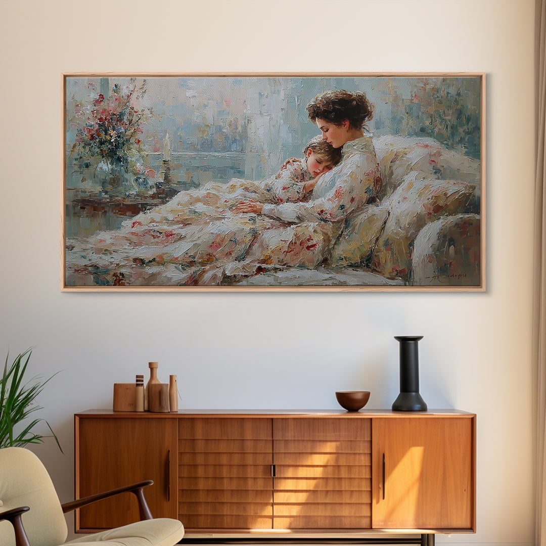 Mother And Child Floral Blanket Wall Art, Impressionist Canvas Print, Cozy Nursery Decor, Feminine Bedroom Art, Gift For Her