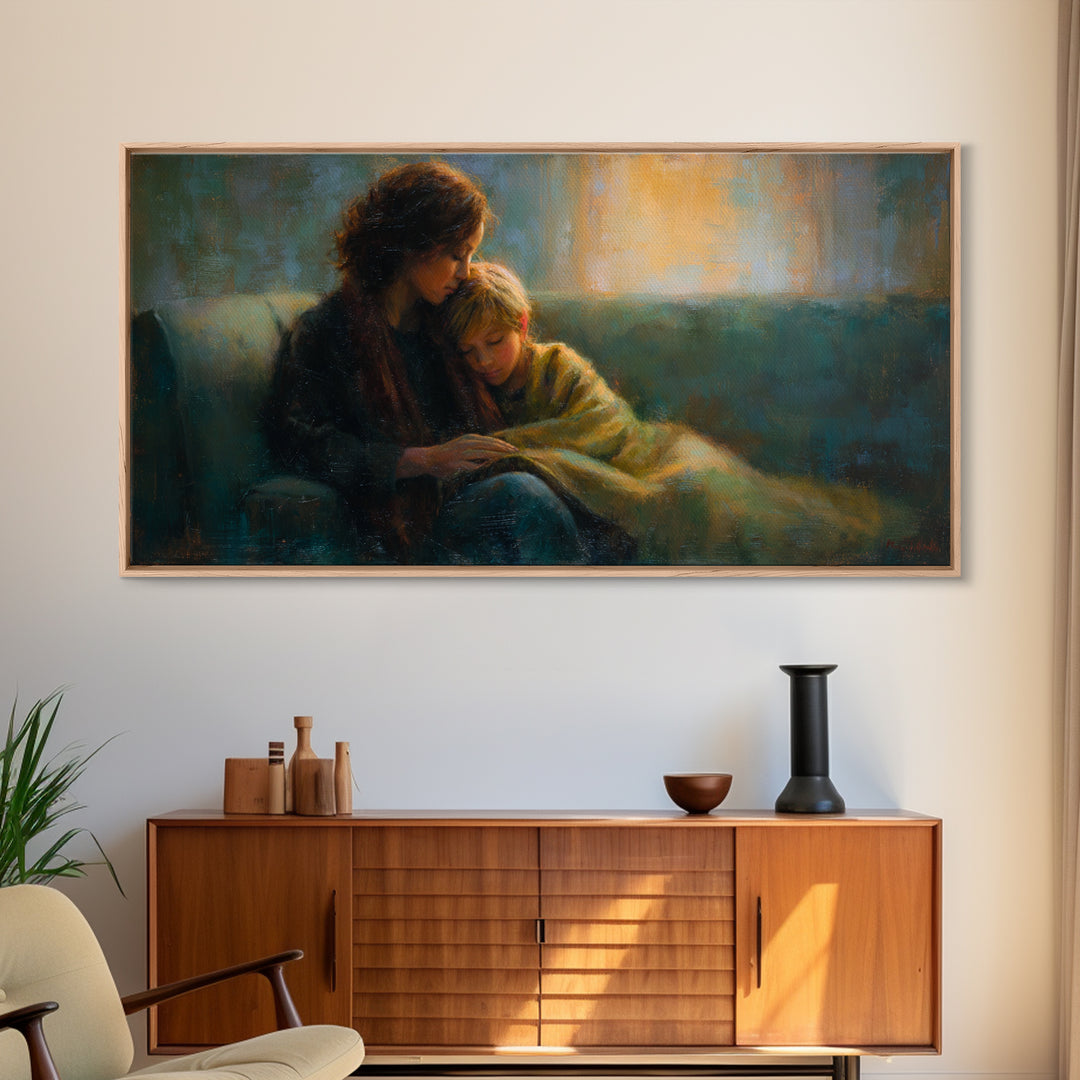 Mother Comforting Child Canvas Print, Moody Figurative Wall Art, Warm Living Room Decor, Cozy Bedroom Print, Gift For Mom