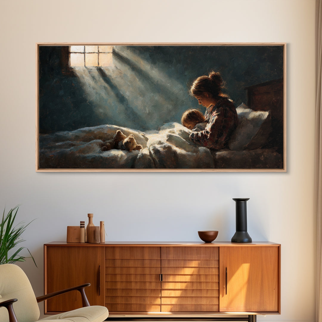 Mother Tucking Child Into Bed Wall Art, Sunlit Impressionist Nursery Decor, Cozy Bedroom Wall Decor, Teddy Bear Art Print