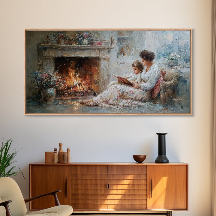 Mother And Child Reading By Fireplace Framed Canvas Print, Cozy Living Room Wall Art, Storybook Nursery Decor, Gift For Mom