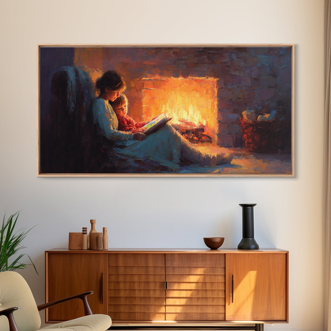 Mother And Child Fireside Reading Canvas Print, Warm Storybook Wall Art, Cozy Cabin Decor, Nursery Art, Gift For Book Lover