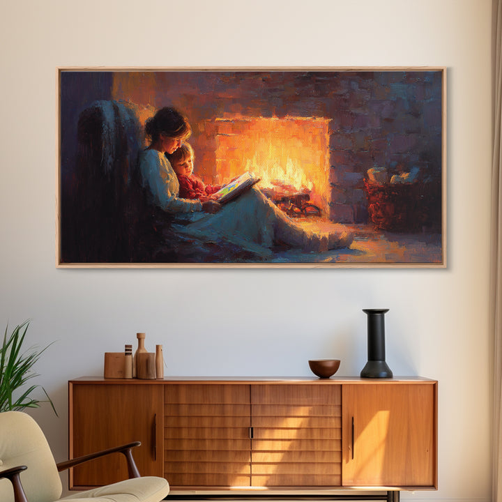 Mother And Child Fireside Reading Canvas Print, Warm Storybook Wall Art, Cozy Cabin Decor, Nursery Art, Gift For Book Lover