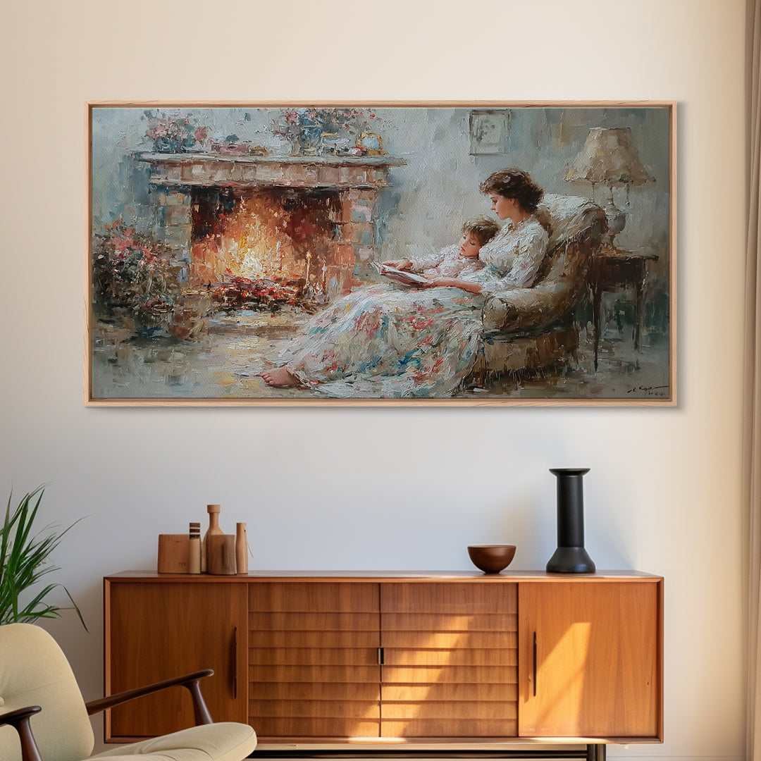 Mother And Child Reading Near Fireplace Wall Art, Impressionist Living Room Decor, Cozy Bedroom Art, Housewarming Gift Print