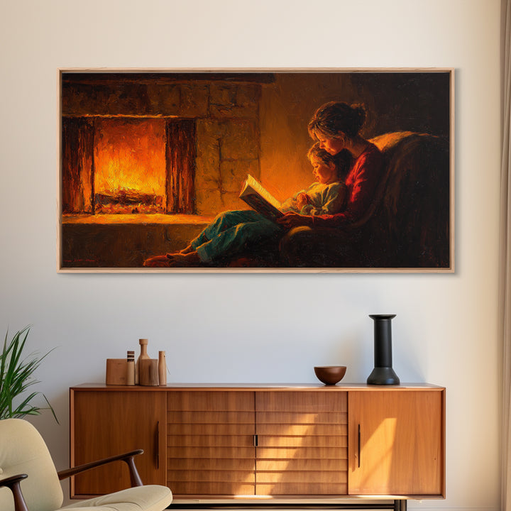 Cozy Mother And Child Reading Framed Canvas Print, Warm Fireplace Wall Art, Storybook Bedroom Decor, Gift For Mom, Fine Art