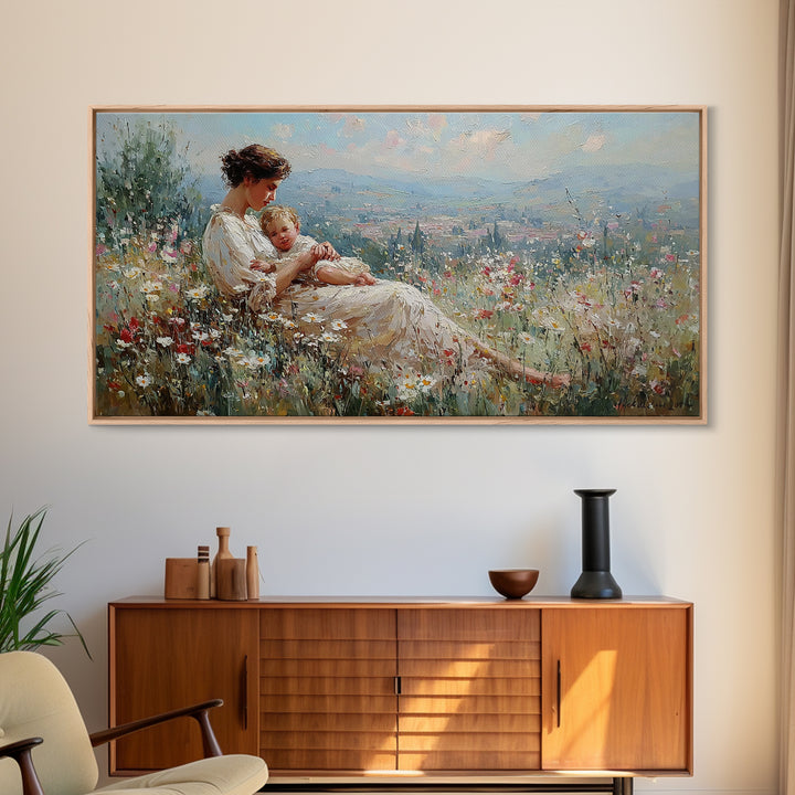 Mother And Baby Wildflower Meadow Wall Art, Impressionist Landscape Canvas Print, Nursery Decor, Gift For Mom, Home Decor